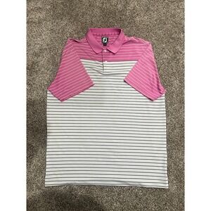 FootJoy Mens Athletic Fit Striped Golf Polo Shirt Pink White Navy Large L
